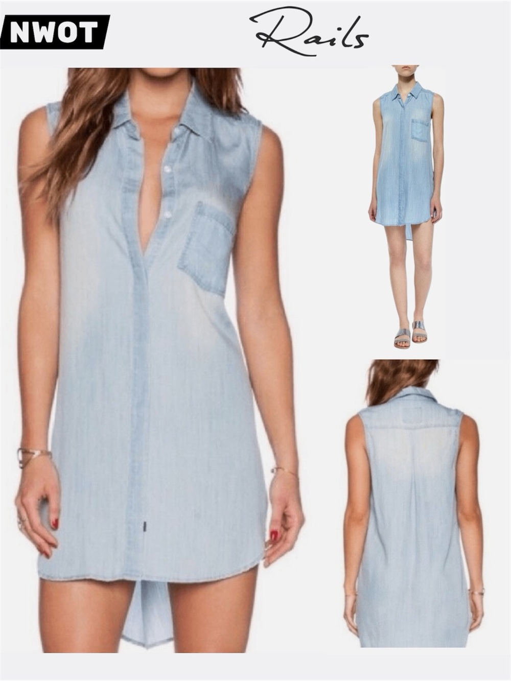 Rails Sleeveless Light Chambray High-Low Button Up Flowy Denim Shirt Dress XS